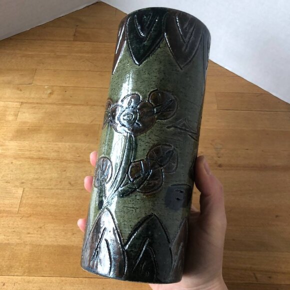 Vintage Japanese Otagiri Incised Vase by OMC Cylinder Pottery Olive Brown Colors - Picture 4 of 10
